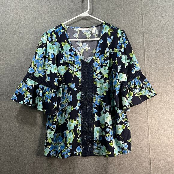 Isaac Mizrahi Live! Printed Stretch Crepe Blouse Navy, Medium - Picture 1 of 9